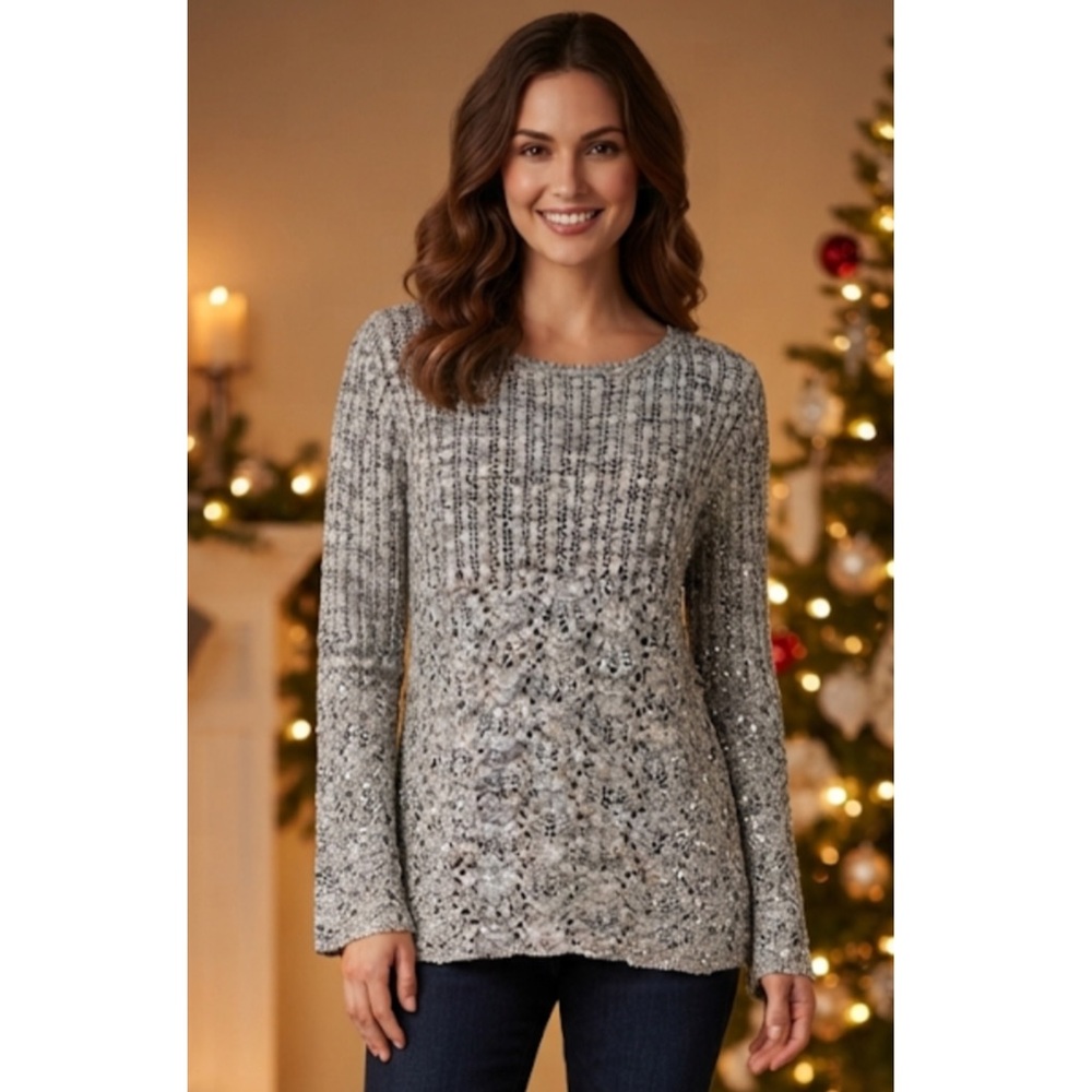 Skye’s the Limit Gray Marled Bell Sleeve Sweater Silver Sequin Shimmer NWT